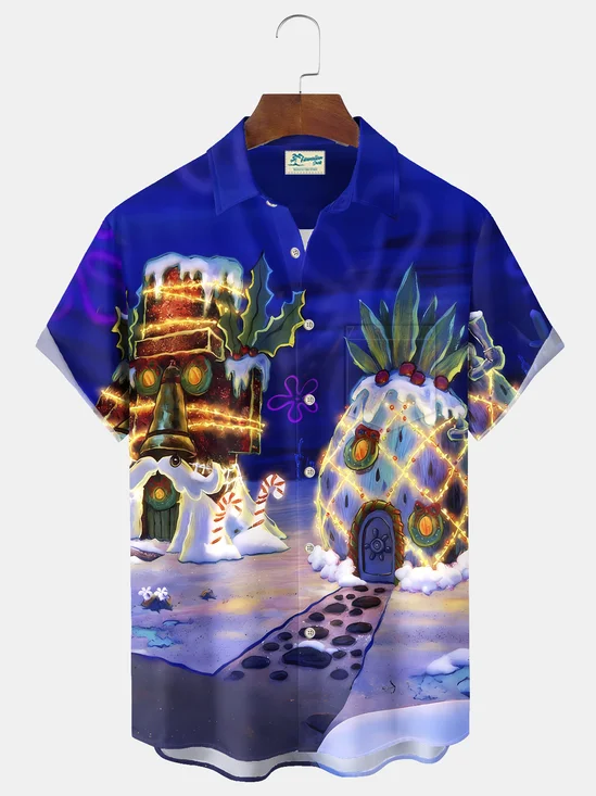 Royaura® Christmas Cartoon Print Casual Stylish Hawaiian Shirt Summer Shirts Pocket Short Sleeve Shirt Big Tall