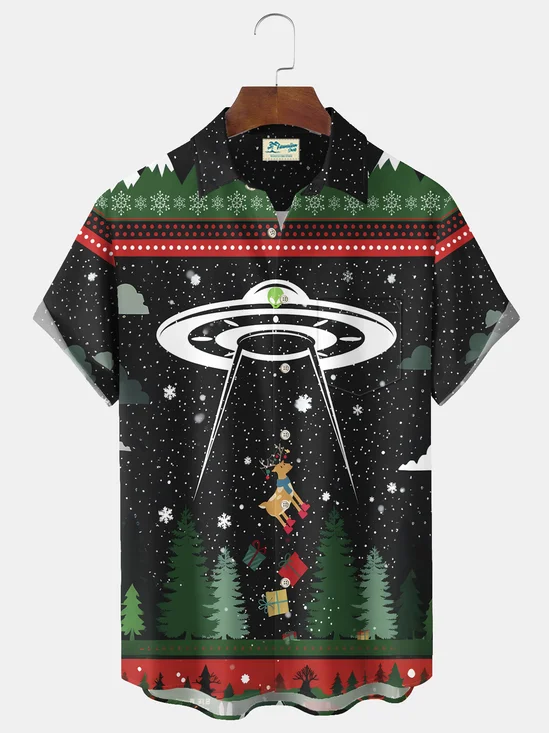 Royaura® Christmas UFO Cartoon Print Casual Stylish Hawaiian Shirt Summer Shirts Pocket Short Sleeve Shirt Big Tall