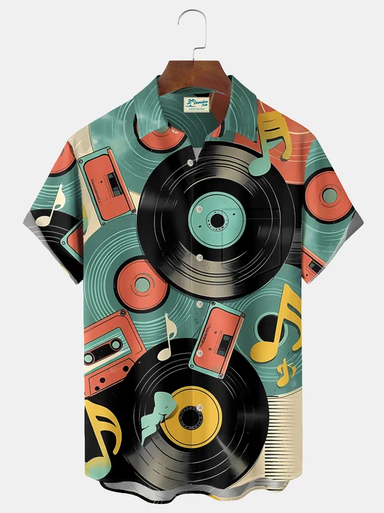 Royaura® Vintage Music Print Men's Casual Stylish Button Pocket Hawaiian Summer Shirts Short Sleeve Shirt Big Tall