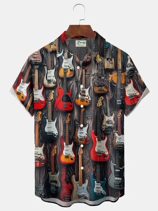 Royaura® Retro Music Instrument Print Men's Button Pocket Short Sleeve Shirt Big & Tall