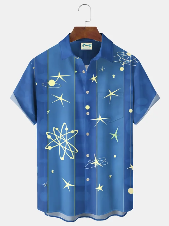 Royaura® Vintage Bowling Medieval Atomic Starburst Print Men's Casual Stylish Button Pocket Short Sleeve Shirt Big Tall