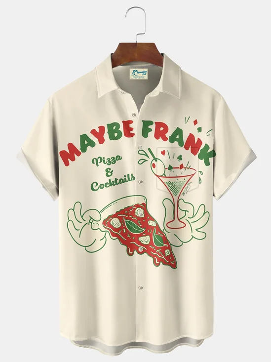 Royaura® Vintage Pizza Cocktail Print Men's Casual Stylish Button Pocket Hawaiian Summer Shirts Short Sleeve Shirt Big Tall