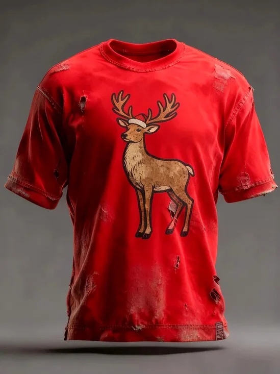 Royaura® Men's Retro Christmas Deer Print Short Sleeve Crew Neck T-Shirt Big & Tall