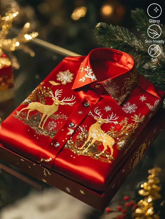 Royaura® Christmas Deer Glossy Print Men's Button Pocket Satin Long-Sleeve Dress Shirt Big & Tall