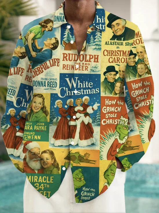 Royaura® Christmas Movie Print Men's Button Pocket Long Sleeve Shirt Big & Tall