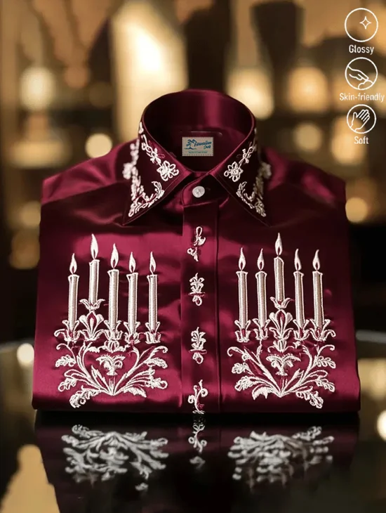 Royaura® Christmas Tree Glossy Print Men's Button Pocket Satin Long-Sleeve Dress Shirt Big & Tall