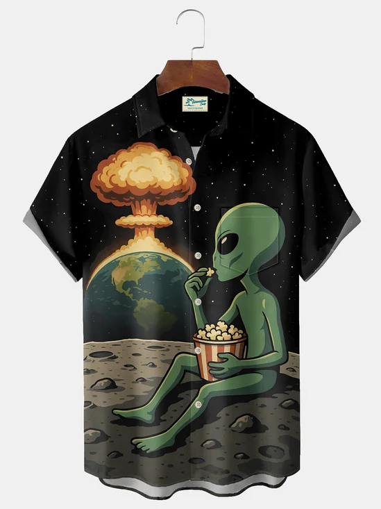 Royaura® Vintage Alien Cartoon Print Men's Casual Stylish Button Pocket Hawaiian Summer Shirts Short Sleeve Shirt Big Tall