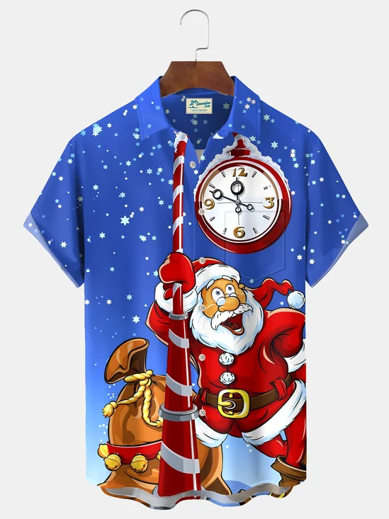 Royaura® Christmas Santa Claus Print Casual Stylish Hawaiian Shirt Summer Shirts Pocket Short Sleeve Shirt Big Tall