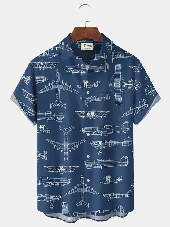 Royaura® Vintage Airplane Print Men's Casual Stylish Button Pocket Hawaiian Summer Shirts Short Sleeve Shirt Big Tall