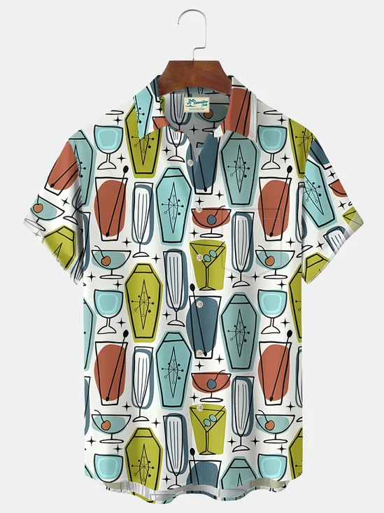 Royaura® Vintage Medieval Atomic Cocktail Print Men's Casual Stylish Button Pocket Hawaiian Summer Shirts Short Sleeve Shirt Big Tall