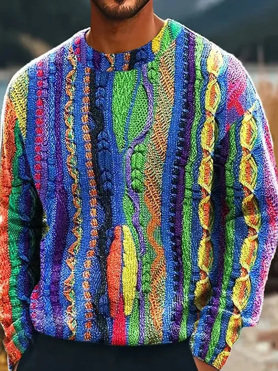 Royaura® Retro Gradient Rainbow Men's Crew Neck Long Sleeve Sweatshirt Big & Tall