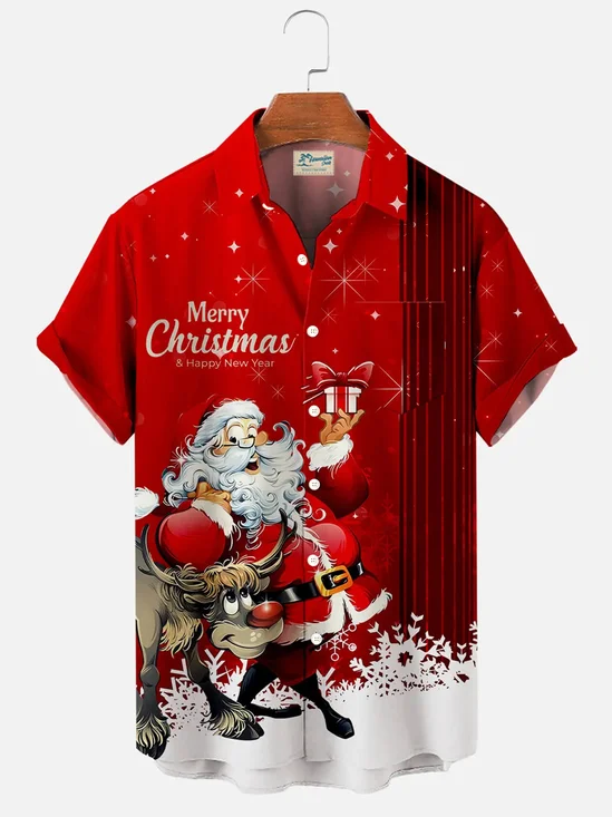 Royaura® Christmas Santa Claus Print Men's Button Pocket Short-Sleeve Shirt Big & Tall