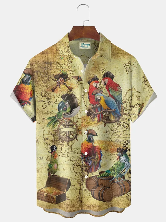 Royaura® Retro Parrot Print Men's Button Pocket Short-Sleeved Shirt Big & Tall