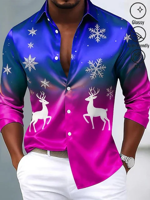 Royaura® Christmas Gradient Deer Print Men's Button Pocket Satin Long-Sleeve Dress Shirt Big & Tall