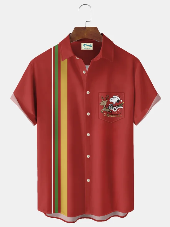 Royaura® Vintage Bowling Christmas Cartoon Print Men's Casual Stylish Button Pocket Short Sleeve Shirt Big Tall