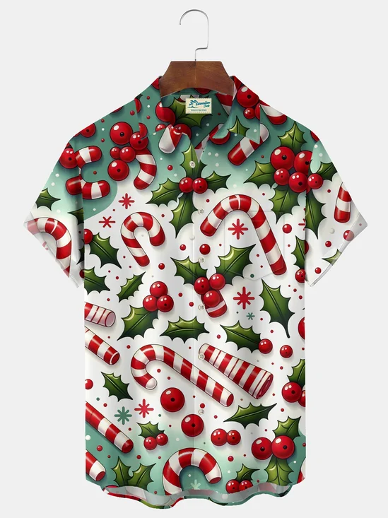 Royaura® Christmas Candy Print Casual Stylish Hawaiian Shirt Summer Shirts Pocket Short Sleeve Shirt Big Tall