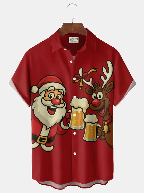 Royaura® Christmas Santa Claus and Reindeer Print Beer Print Men's Button Pocket Short-Sleeve Shirt Big & Tall