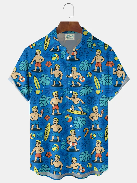 Royaura® Hawaiian Cartoon Plant Leaf Print Men's Button Pocket Short-Sleeve Shirt Big & Tall