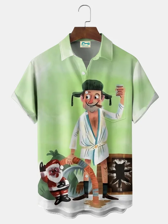 Royaura® Retro Christmas Movie Cartoon Print Men's Button Pocket Short Sleeve Shirt Big & Tall