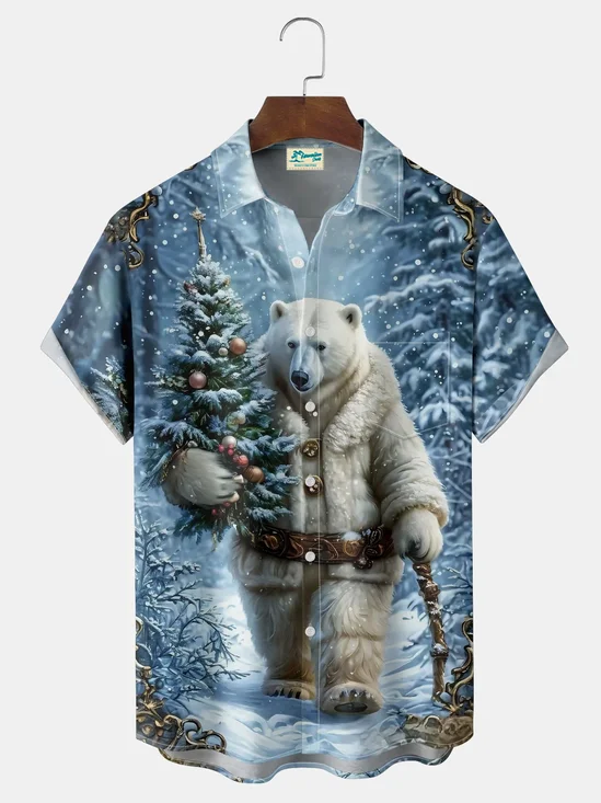 Royaura® Retro Christmas Animal Cartoon Print Men's Button Pocket Short Sleeve Shirt Big & Tall