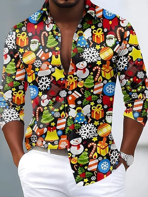 Royaura® Christmas Print Men's Button Pocket Long-Sleeve Shirt Big & Tall