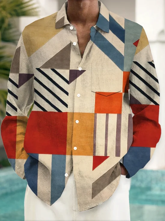 Royaura® Geometric Print Men's Button Pocket Long Sleeve Shirt  Big & Tall