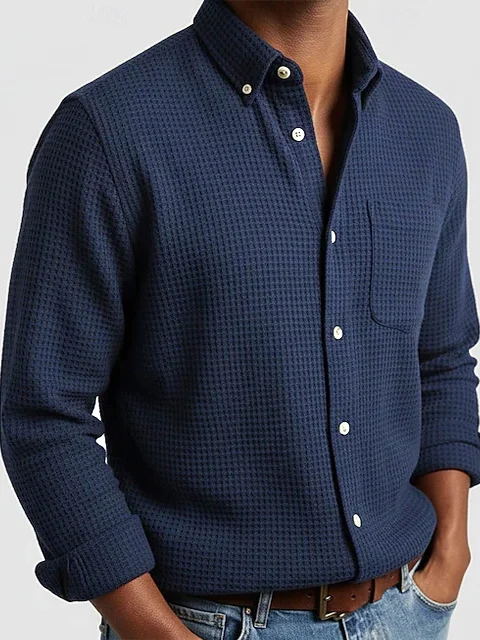 Royaura® Basic Waffle Men's Button-Pocket Long-Sleeved Shirt Big & Tall