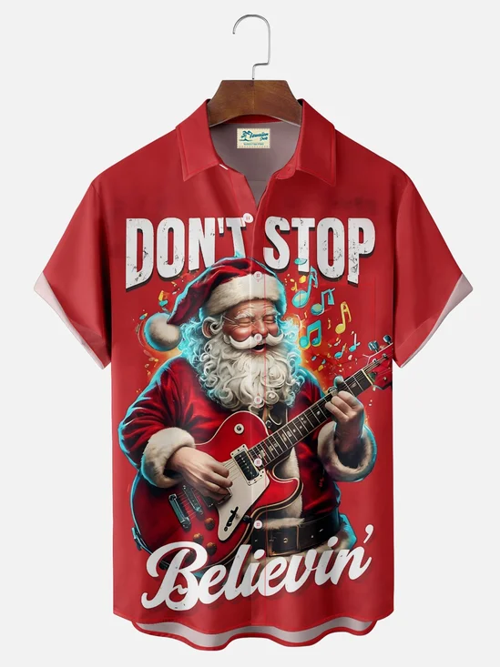 Royaura® Christmas Santa Claus Music Print Men's Button Pocket Short-Sleeve Shirt Big & Tall