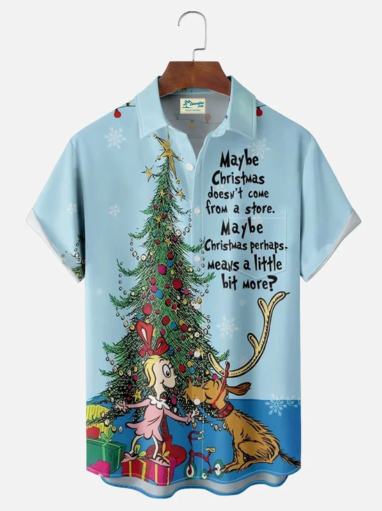 Royaura® Christmas Cartoon Christmas Tree Print Men's Button Pocket Short-Sleeve Shirt Big & Tall