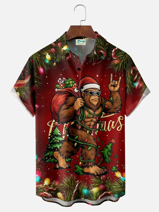 Royaura® Retro Christmas Bigfoot Cartoon Print Men's Button Pocket Short Sleeve Shirt Big & Tall