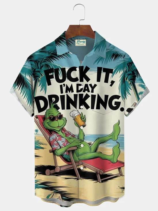 Royaura® Retro Cartoon Green Monster Vacation Print Men's Button Pocket Short-Sleeve Hawaiian Shirt Big & Tall