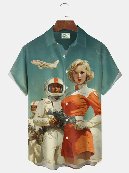 Royaura® 1950s Retro Space Adventure Comic Shirt for Men Movie Print Men's Button Pocket Short-Sleeve Shirt Big & Tall