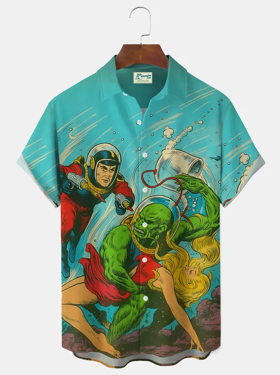 Royaura® 1950s Retro Space Adventure Comic Shirt for Men Movie Print Men's Button Pocket Short-Sleeve Shirt Big & Tall