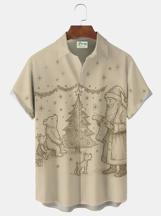 Royaura® Christmas Forest Bear & Honey Vintage Print Shirt  Cartoon Print Men's Button Pocket Short-Sleeve Hawaiian Shirt Big & Tall