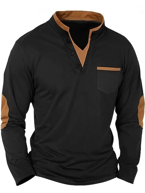 Royaura® Color-Blocked Men's Button-Down V-Neck Long-Sleeved T-shirt Big & Tall