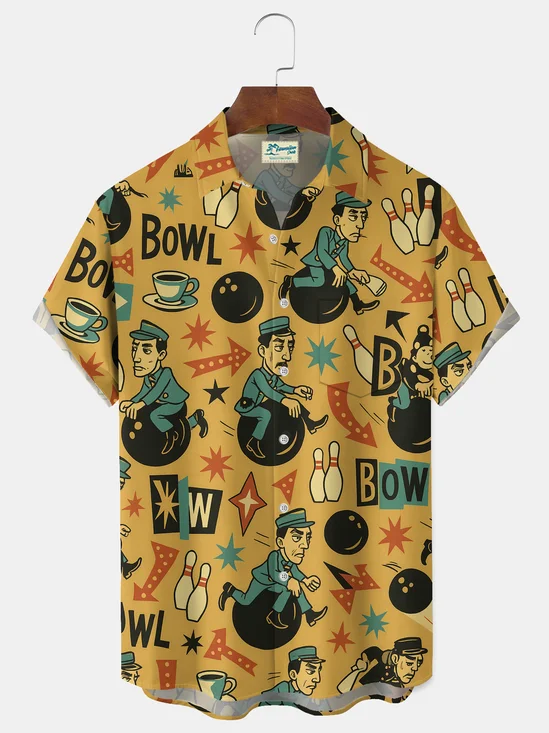 Royaura® Vintage Traveler Adventure Journal Shirt Bowling Art Print Men's Button Pocket Short-Sleeve Hawaiian Shirt Shirt Big & Tall