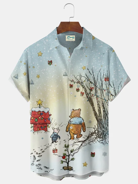Royaura® Christmas Forest Bear & Honey Vintage Print Shirt Retro Cartoon Print Men's Button Pocket Short-Sleeve Hawaiian Shirt Big & Tall