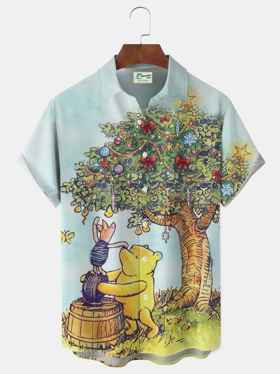 Royaura® Christmas Forest Bear & Honey Vintage Print Shirt Cartoon Print Men's Button Pocket Short-Sleeve Hawaiian Shirt Big & Tall