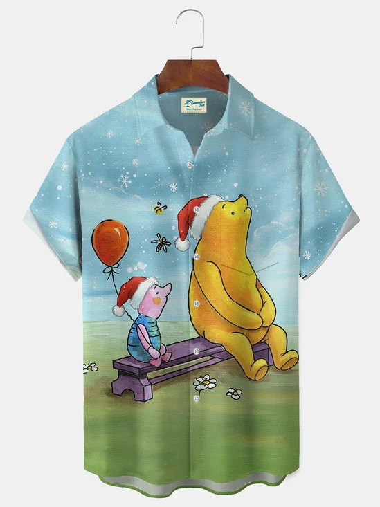 Royaura® Christmas Forest Bear & Honey Vintage Print Shirt Cartoon Print Men's Button Pocket Short-Sleeve Hawaiian Shirt Big & Tall