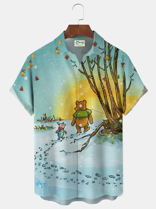 Royaura® Christmas Forest Bear & Honey Vintage Print Shirt Cartoon Print Men's Button Pocket Short-Sleeve Hawaiian Shirt Big & Tall
