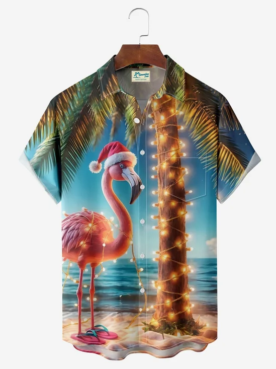 Royaura® Christmas Flamingo Print Men's Button Pocket Short-Sleeve Hawaiian Shirt Big & Tall
