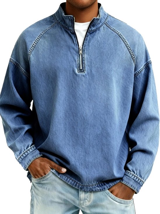 Royaura® Retro Basic Washed Men's Zipper Stand Collar Long Sleeve T-Shirt/Sweatshirt Big & Tall
