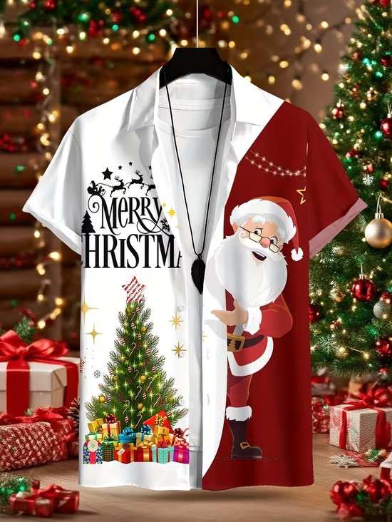 Royaura® Christmas Tree and Santa Claus Print Men's Button Pocket Short-Sleeve Hawaiian Shirt Big & Tall