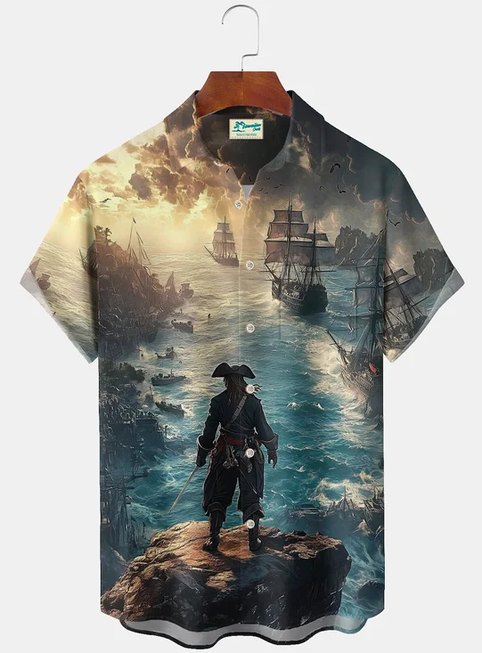 Royaura® Retro Navigation Boat Print Men's Button Pocket Short Sleeve Shirt Big & Tall