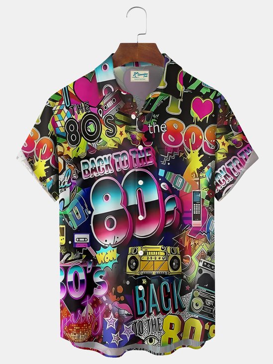 Royaura® 80s Music Print Men's Button Pocket Short-Sleeve Shirt Big & Tall