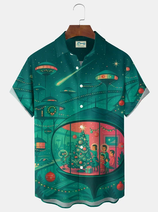 Royaura® Holiday Christmas Space Print Men's Button Pocket Short-Sleeve Shirt Big & Tall