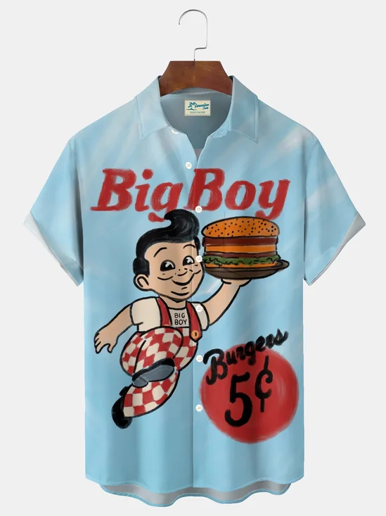 Royaura® 1960s Cartoon Pizza Print Men's Button Pocket Short-Sleeve Shirt Big & Tall