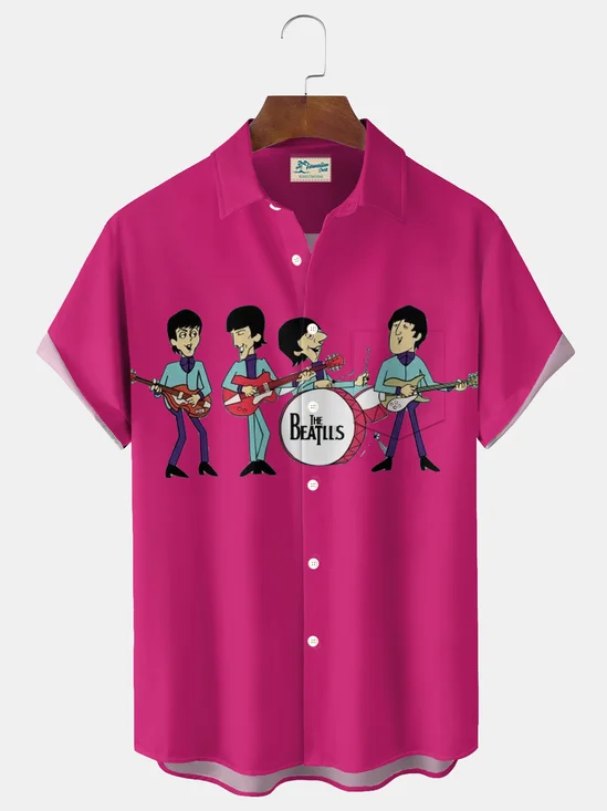 Royaura® 1960s Cartoon Music Band Print Men's Button Pocket Short-Sleeve Shirt Big & Tall