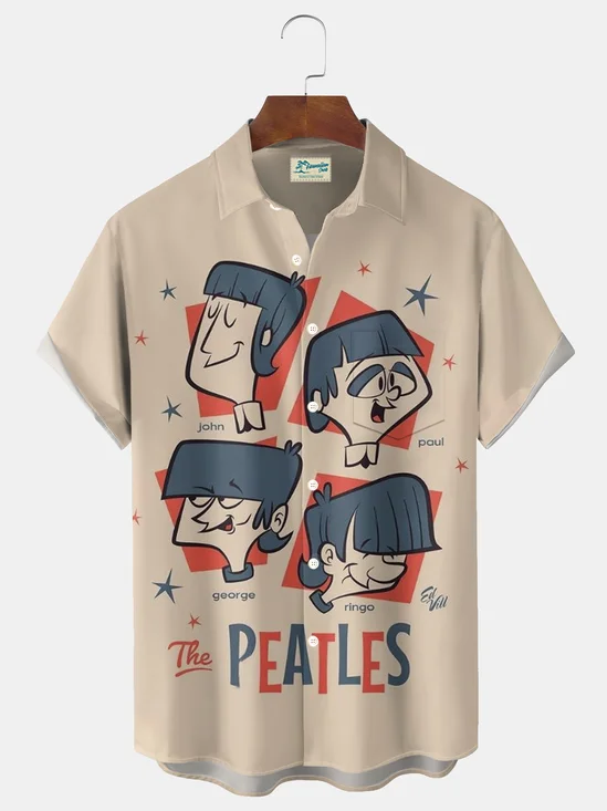 Royaura®1960s Cartoon Music Band Print Men's Button Pocket Short-Sleeve Shirt Big & Tall