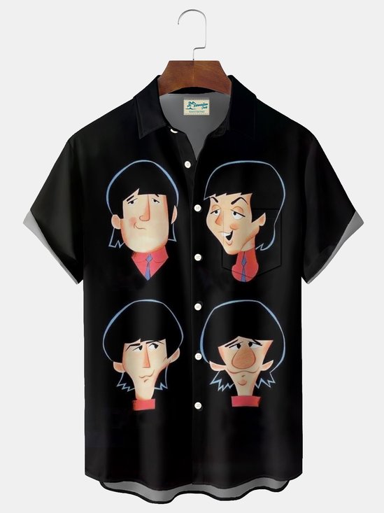 Royaura® 1960s Cartoon Music Band Print Men's Button Pocket Short-Sleeve Shirt Big & Tall